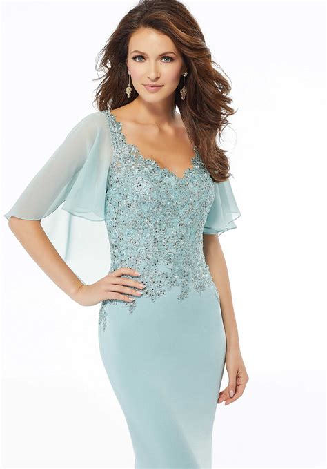 Beaded Sheath Evening Gown In Lace And Crepe Morilee