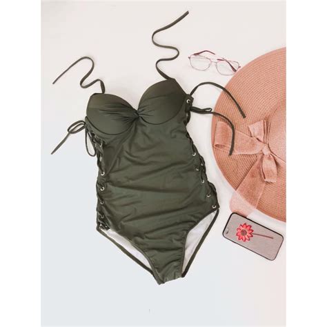 Bikini Liền Đan X Hông Bên Đen Xanh rêu Đẹp Nhất BigBuy