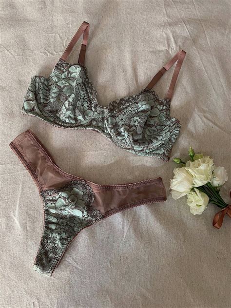 Green Lace Lingerie Set Lace Lingerie Green Lace Bralette Etsy