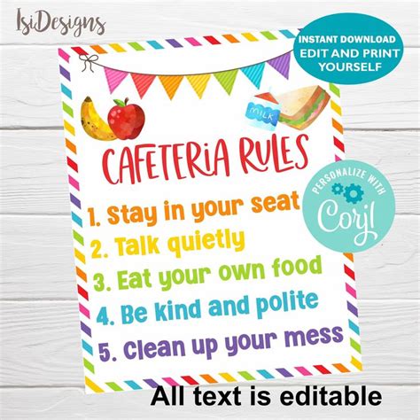 Lunchroom Editable Rules Sign, Instant Download, School Cafeteria ...