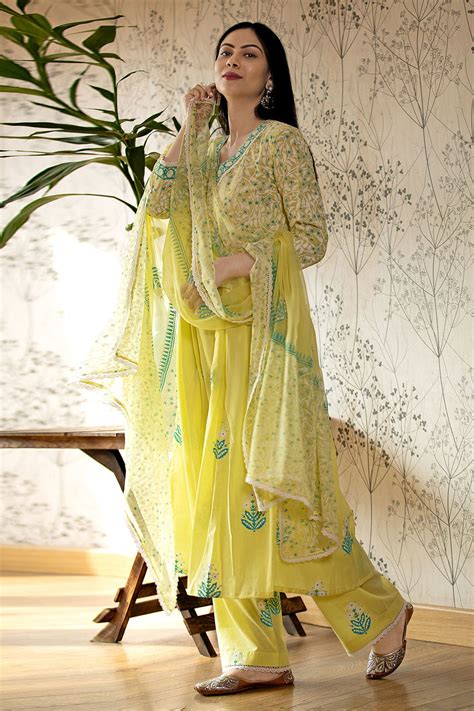 Buy Yellow Cotton Cambric Dupatta Chiffon Embroidery Floral Block Print