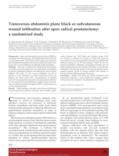 PDF Transversus Abdominis Plane Block Or Subcutaneous Wound