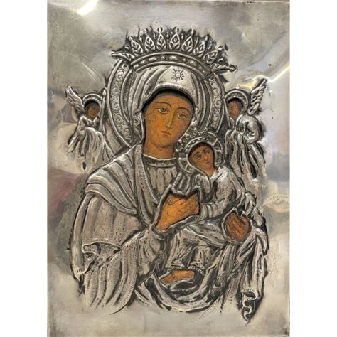 ICONA RELIGIOSA MADONNA Con GESU ANGELI LAMINA ARGENTO 800 LEGNO ARTE