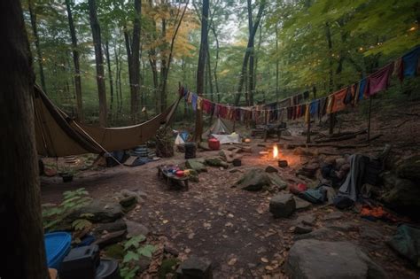 Camping En Plein Air Avec Des Tentes Confortables Des Hamacs Et Des