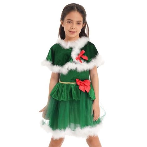 Inlzdz Enfant Fille Robe Noël Lutin Costume Noël Cosplay Tenue Jeu De