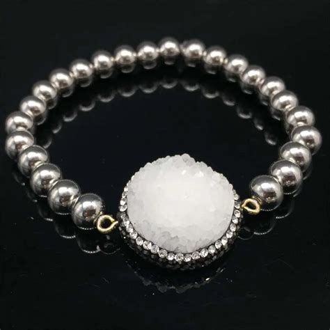 Handcraft Druzy Bracelet Natural White Crystal Quartz Druzy Bead