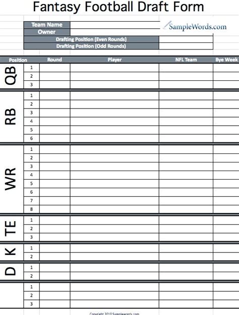 Printable Draft Sheets Fantasy Football