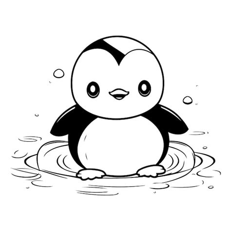 Pinguim bonito nadando na água Ilustração vetorial em preto e branco