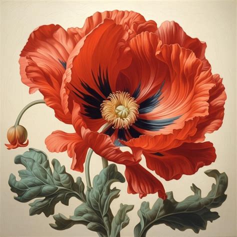 Premium Photo There Is A Painting Of A Red Poppy Flower With Leaves