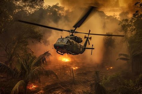 Premium Photo | Vietnam War Helicopter in Jungle Forest Fire and Smoke Surround Military Chopper ...