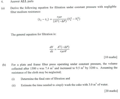 Solved Derive The Following Equation For Filtration Under Chegg