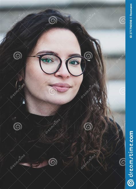 Beautiful Young Woman With Brunette Curly Hair Portrait In Eye Glasses