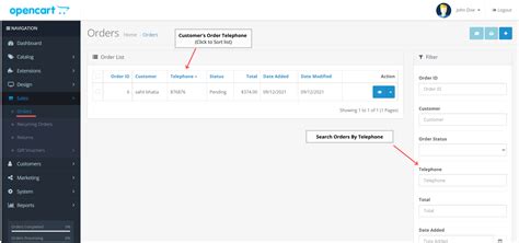 Opencart Customer Telephone On Orders List With Search Filter