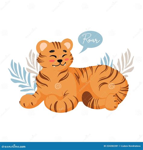 Cute Lying Tiger Growls Roar Childrens Vector Illustration In Cartoon