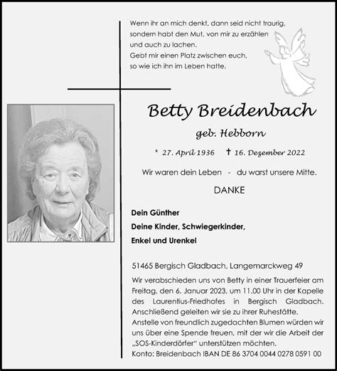 Traueranzeigen Von Betty Breidenbach Wirtrauern