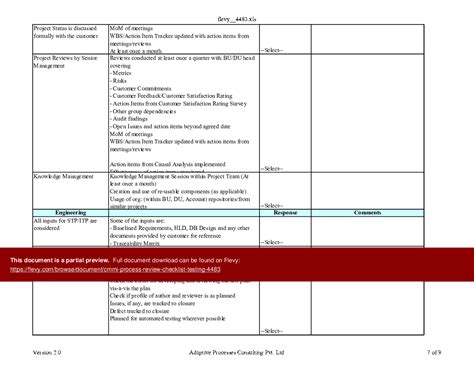 Excel Template Cmmi Process Review Checklist Testing Excel Template