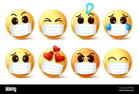 Smileys Emoticon trägt Gesichtsmaske Vektor Set Smiley Emoji trägt