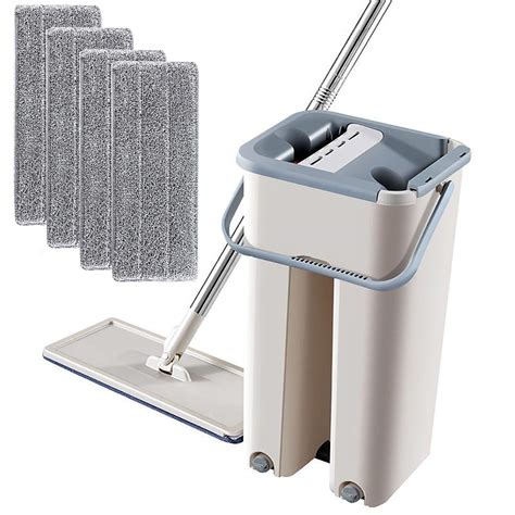 Buy Tengma Squeeze Flat Floor Mop And Bucket Set With 4 Reusable Mop Pads Easy Self Wringing