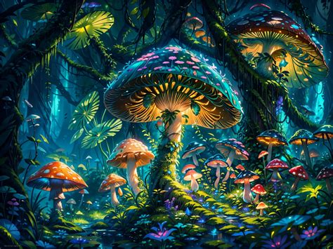 A Painting Of A Forest With Many Mushrooms And Plants Seaart Ai