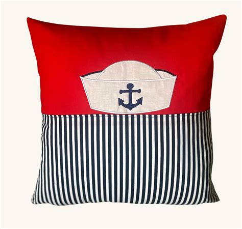 Nautical Pillow Cover Sailor Hat Applique Red White Blue Pillow Cover