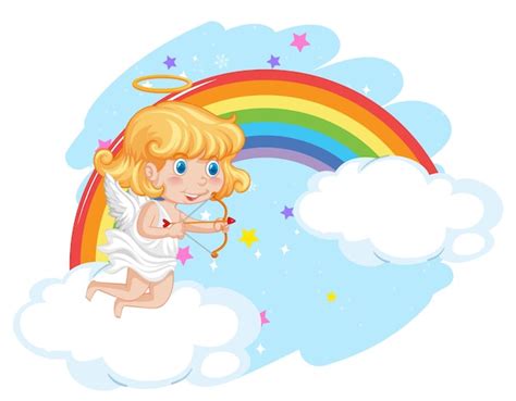 Chica Ngel En La Nube Con Arco Iris Vector Gratis