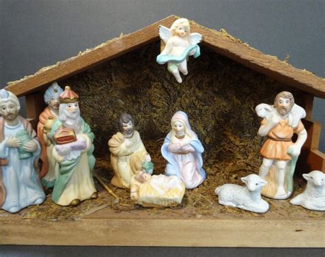 Vintage Nativity Set By Flambro Porcelain Figurines With Wood Creche