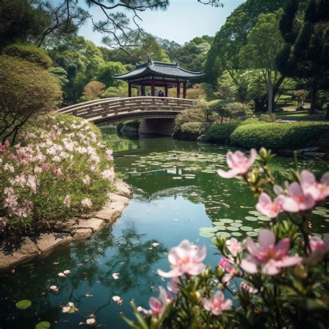 Premium AI Image A Bridge Over A Pond With Pink Flowers And A Bridge