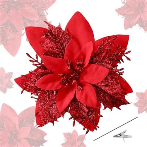 Poinsettia Artificial Flowers Pack Red Glitter Poinsettia