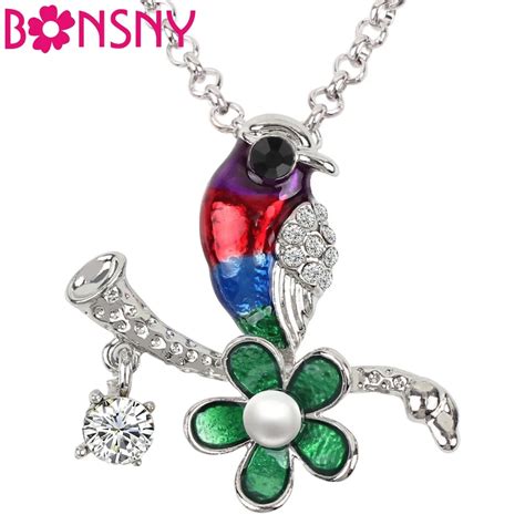 Bonsny Enamel Rhinestone Bird Flower Branches Necklace Pendant Choker