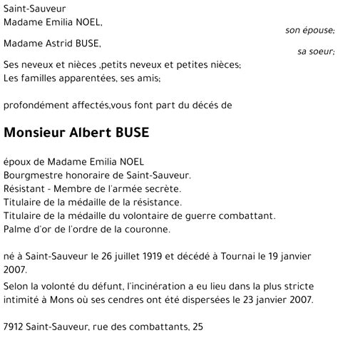 Avis De Décès De Albert Buse Décédé Le 19 01 2007 à Tournai Annonce