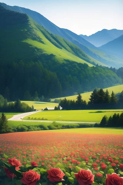 Premium AI Image | A beautiful landscape with a field of flowers.