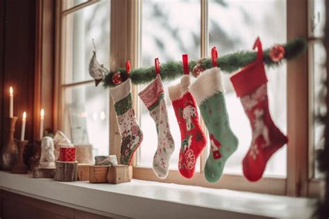 Premium AI Image Christmas Stockings Hanging On A Window Sill