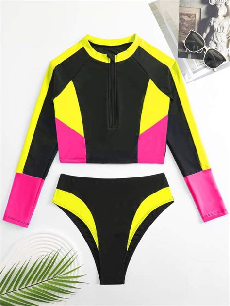 SHEIN Swim SERF Traje de baño de bikini con cremallera frontal de