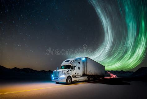 Freight Transport Truck On The Road With Beautiful Starry Sky And