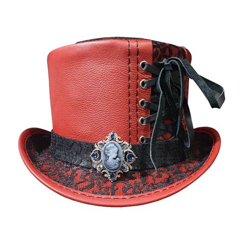 Steampunk Black Crusty Band Red Leather Top Hat by Wallets N Hats 4 U