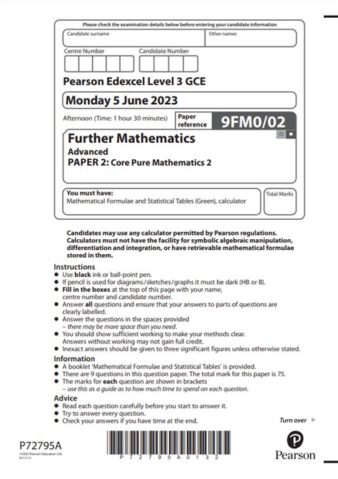 Pearson Edexcel Further Mathematics A Level Question Paper 2 Core Pure