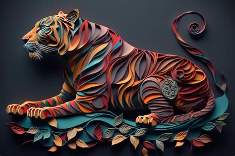 Uma Escultura De Tigre Em Papel Digital Quilling Arte Ilustra O