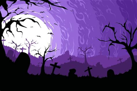 Un Fondo Morado De Halloween Con Un Cementerio Y Murci Lagos Vector