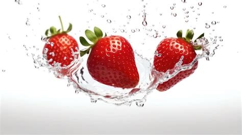 Premium Ai Image Strawberry Falling Into Water Splash On White Background