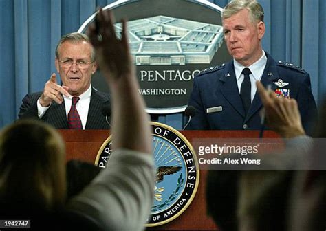 Secretary Of Defense Donald Rumsfeld Speaks At The Pentagon Photos And