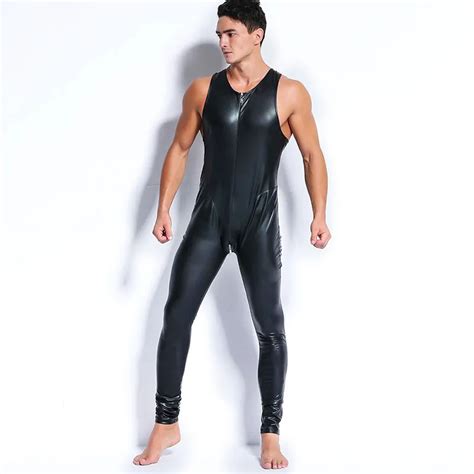 AIIOU Sexy Hommes Faux Latex Cuir Body Fétiche Gay Sissy Exotique Tenue De Club Sans Manches