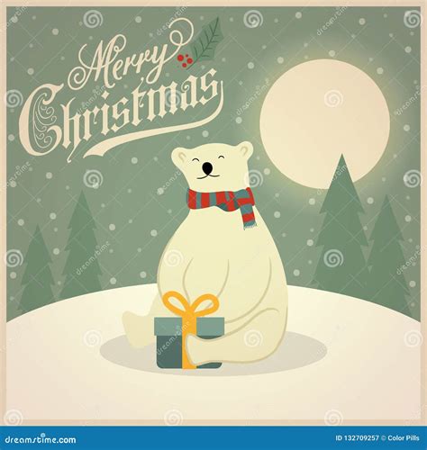 Beautiful Retro Christmas Card With Polar Bear Stock Vector