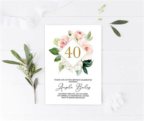 40th Birthday Invitation Woman Birthday Invitation Forty Birthday