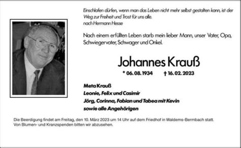 Traueranzeigen Von Johannes Krau Vrm Trauer De