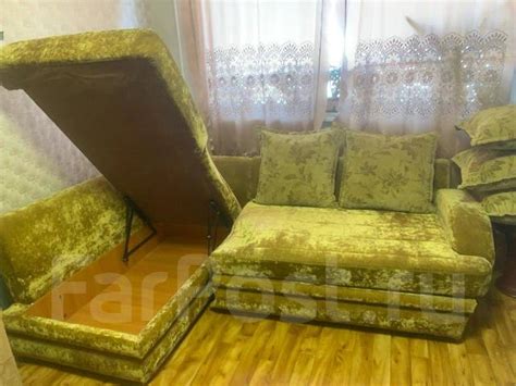 Диван, ткань, ящик для белья, зелёный, гостиная, спальня, б/у, в ...