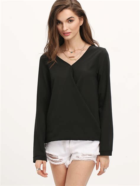 Black V Neck Long Sleeve Loose Blouse Shein Sheinside