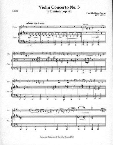 Simplified Piano Score For Saint Saens Violin Concerto 3 In B Minor