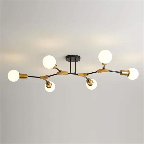 YANSUN 35 In 6 Light Black And Gold Modern Sputnik Semi Flush Mount