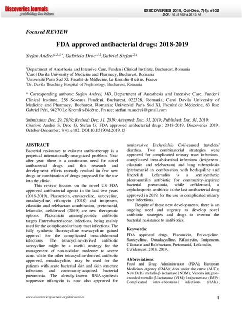 Pdf Fda Approved Antibacterial Drugs 2018 2019 Stefan Andrei