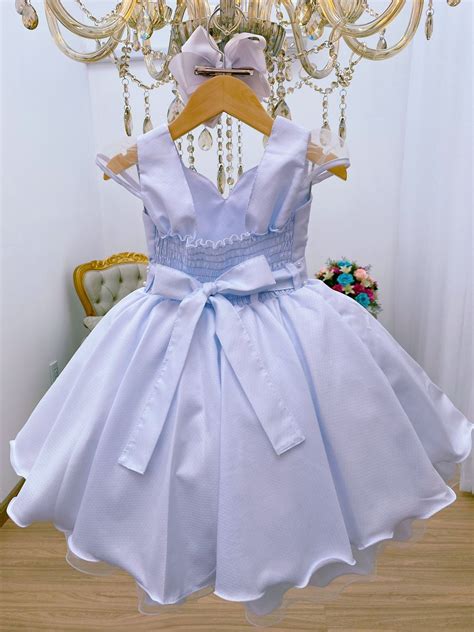 Vestido Infantil Branco Batizado Cinto Aplique De P Rola Rosa